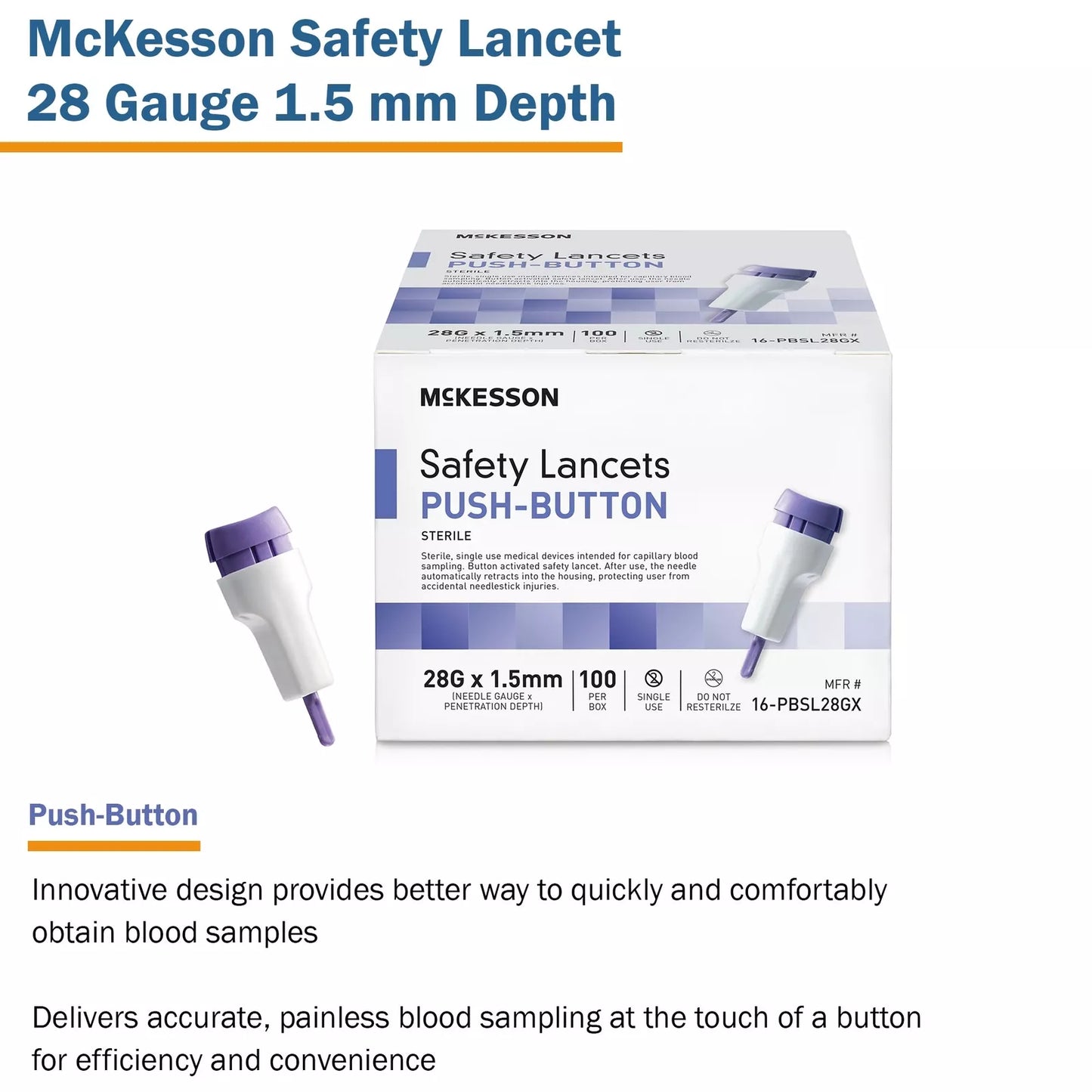 McKesson Safety Lancet 28 Gauge 1.5mm Retractable Push Button Activation box 100