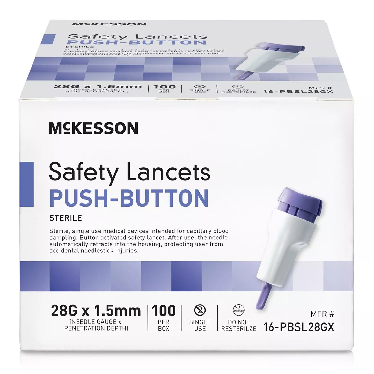 McKesson Safety Lancet 28 Gauge 1.5mm Retractable Push Button Activation box 100