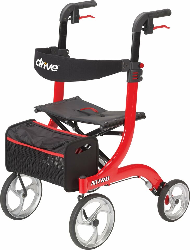 Drive Nitro Red Euro Style Aluminum Rollator Walker holds up to 300 lbs.