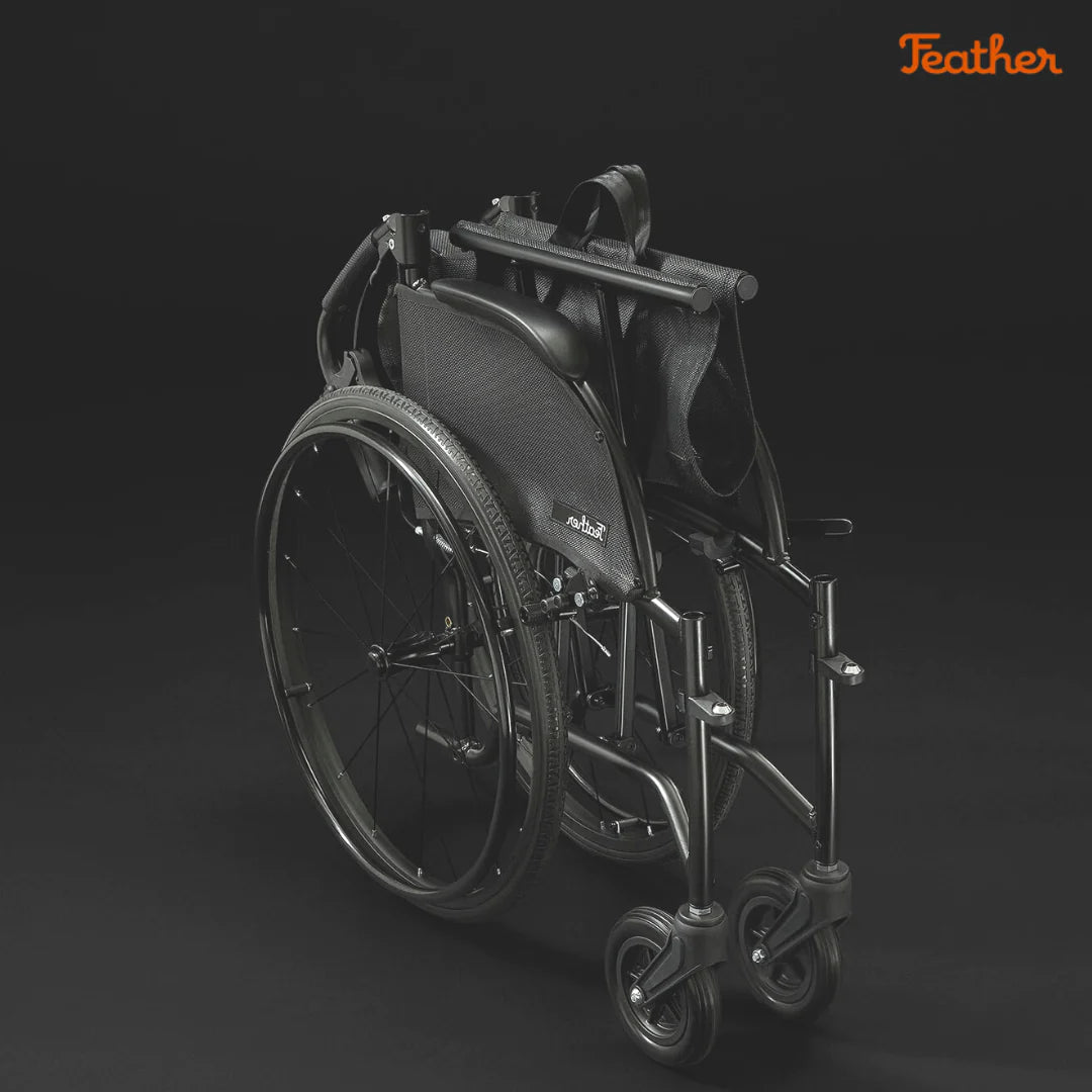 Feather Lightweight Wheelchair 18 Inch Seat Width Adult 250 lbs. Weight Capacity, Full Length Arm, Swing-Away Footrest, Gray / Orange Upholstery