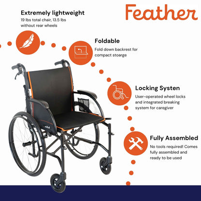 Feather Lightweight Wheelchair 18 Inch Seat Width Adult 250 lbs. Weight Capacity, Full Length Arm, Swing-Away Footrest, Gray / Orange Upholstery