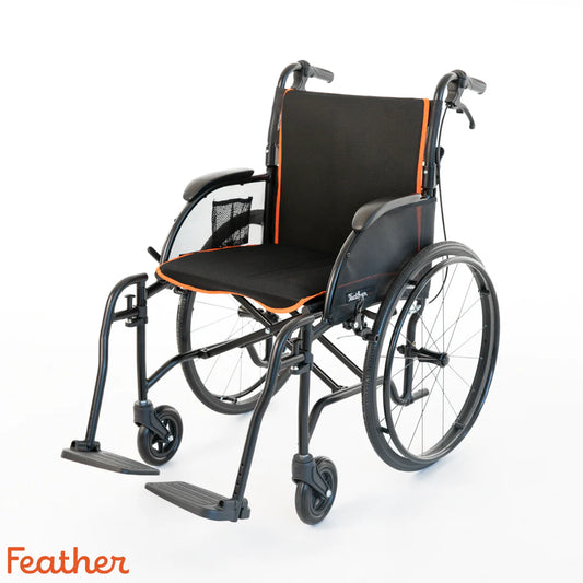 Feather Lightweight Wheelchair 18 Inch Seat Width Adult 250 lbs. Weight Capacity, Full Length Arm, Swing-Away Footrest, Gray / Orange Upholstery